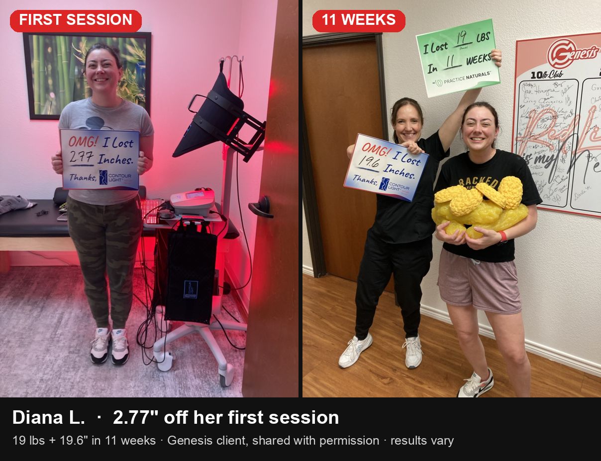 Diana L., Genesis Red Light client, after losing 19.6 inches and 19 pounds in 11 weeks