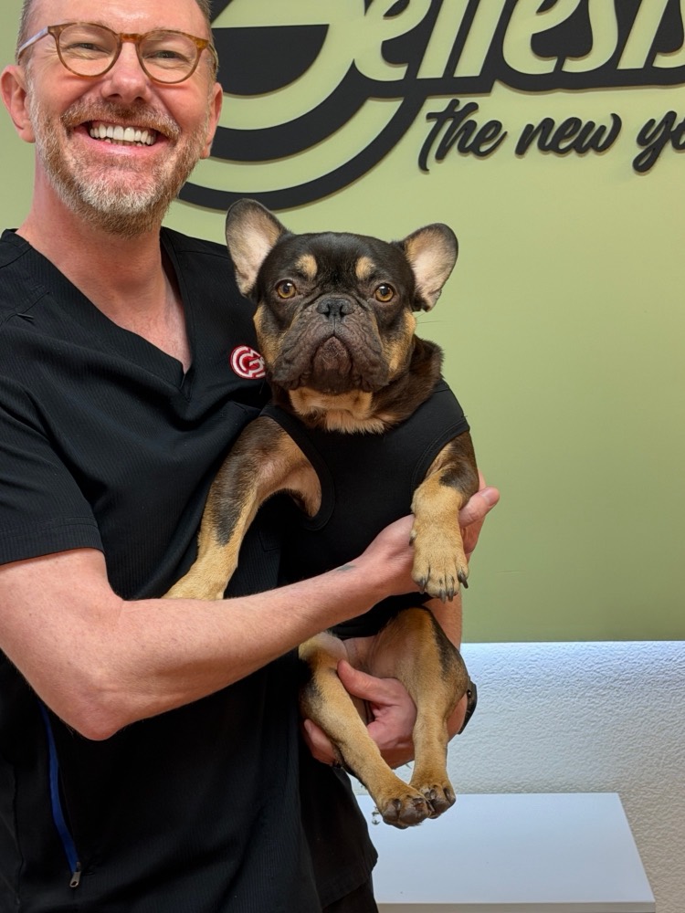 John from Genesis Red Light holding Kevin, the clinic's French bulldog mascot