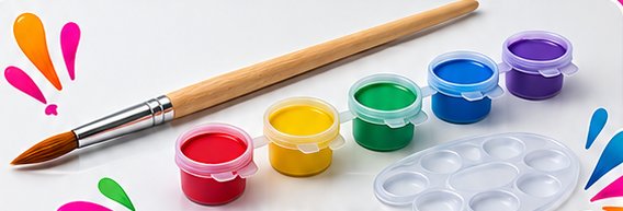 Paint brush, five paint pots and a mixing palette
