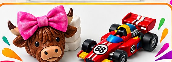 Painted highland cow with a pink bow and a red race car