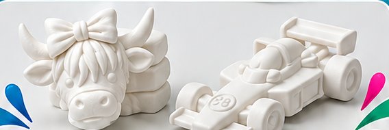Unpainted plaster highland cow and race car