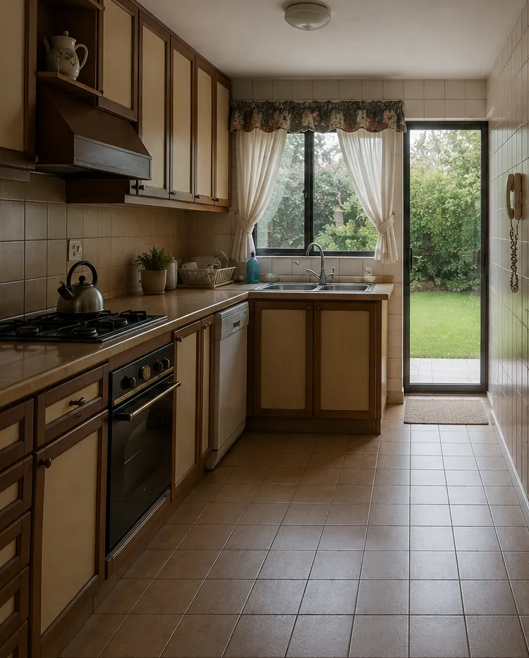 Cocina con muebles de madera y cerámica de los años noventa