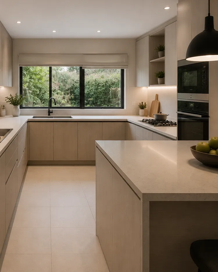 Cocina actualizada con isla, cubiertas claras, muebles lisos e iluminación colgante