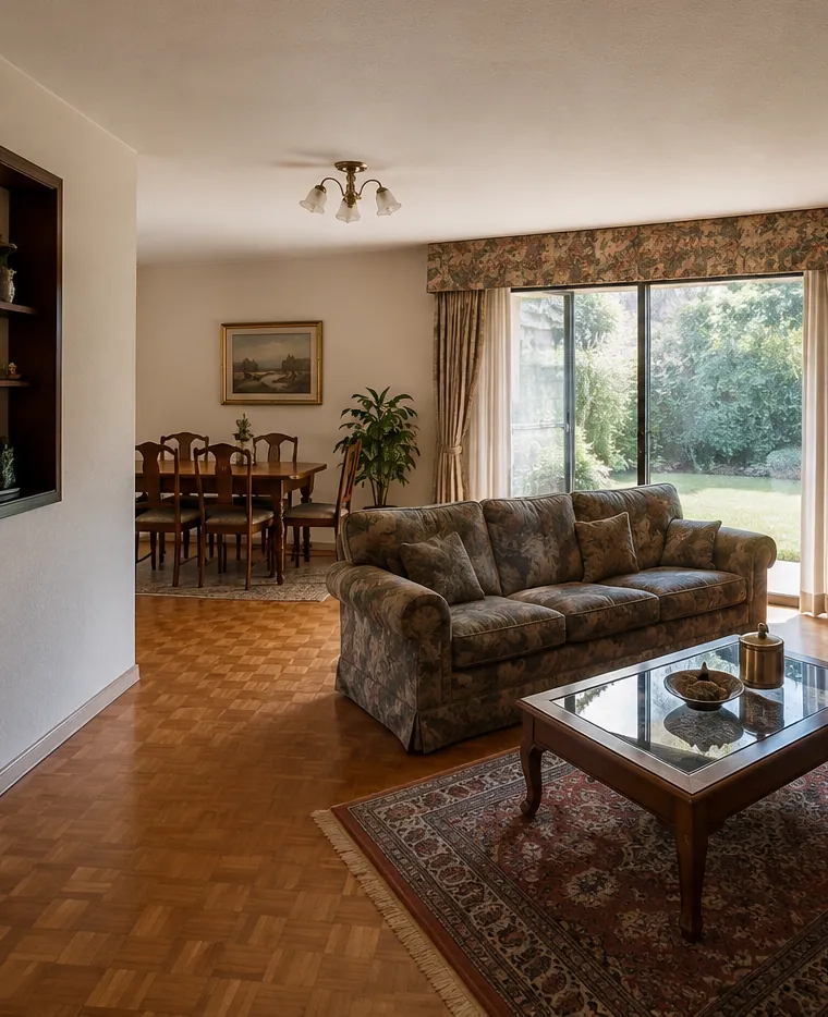 Living comedor antes de la actualización, con piso de parquet, cortinas y muebles de los años noventa