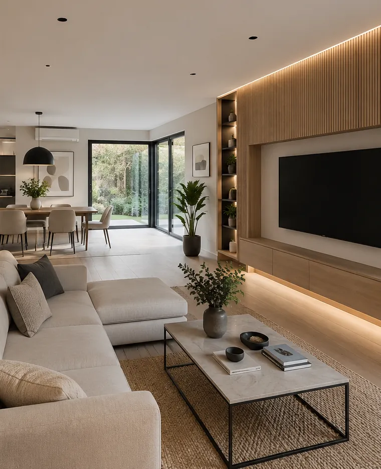 Mismo living comedor actualizado, con piso claro continuo, muro de TV revestido en madera e iluminación integrada