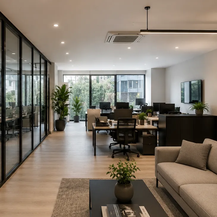 Oficina actualizada con tabiques vidriados, piso de madera clara e iluminación lineal