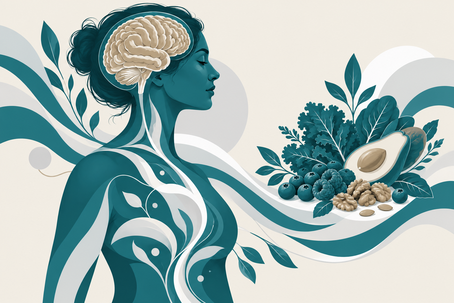 Illustration of the brain, body, and nutrient-rich foods representing the connection between brain energy metabolism and weight regulation.