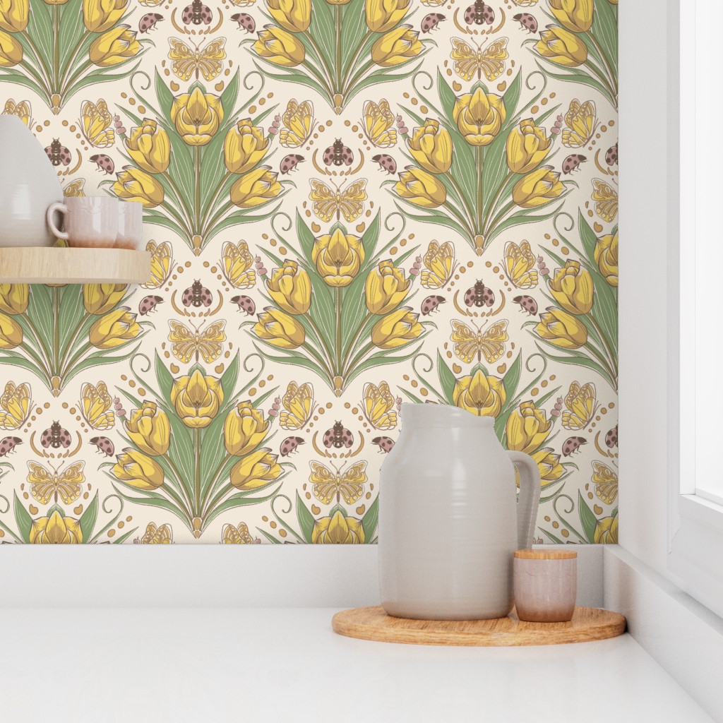 Wallpaper in Tulip & Butterfly Decorative Floral Spring tones - yellow and green Wallpaper in Tulip & Butterfly Decorative Floral Spring tones - yellow and green