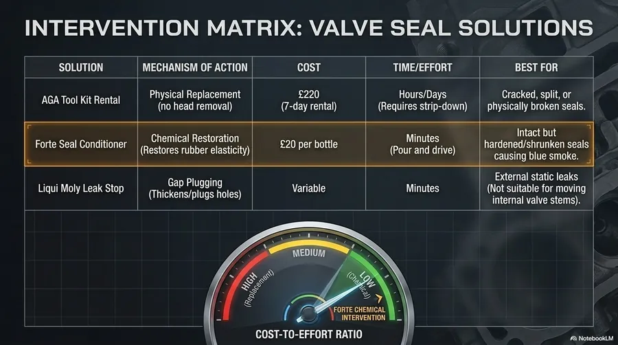 Intervention matrix valve seal solutions — showing the decision matrix between the AGA tool kit mechanical approach and the Forte Seal Conditioner chemical approach depending on the severity and nature of the valve seal problem