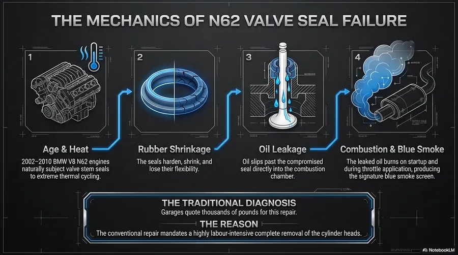 The mechanics of BMW N62 valve seal failure — showing how the valve stem seals harden and shrink with age causing oil to leak into the combustion chamber producing blue exhaust smoke