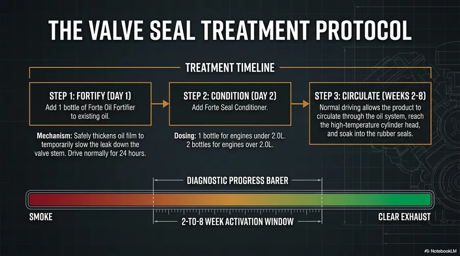 The valve seal treatment protocol — showing the correct approach for both the chemical Forte Seal Conditioner route and the mechanical AGA tool kit route for BMW N62 valve seal replacement