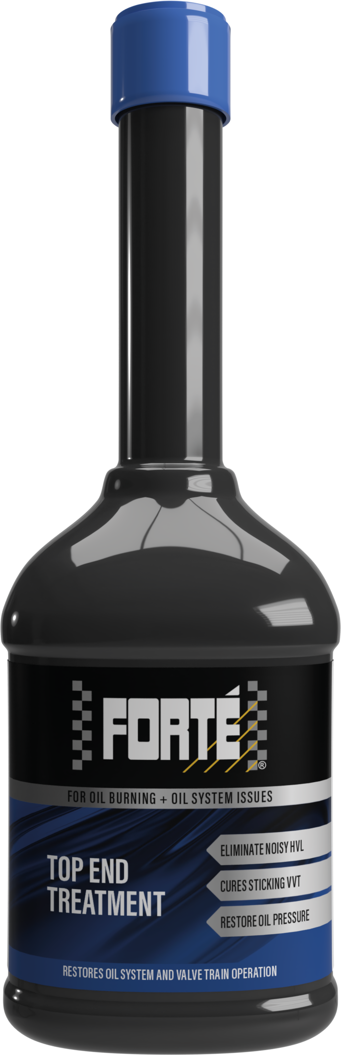 A black bottle with a blue label and blue cap labeled Forté Top End Treatment. The product is designed to combat contamination and improve the oil system and valve train cleanliness. The bottle features technical details about its purpose, including its ability to maintain engine power output and lower emissions
