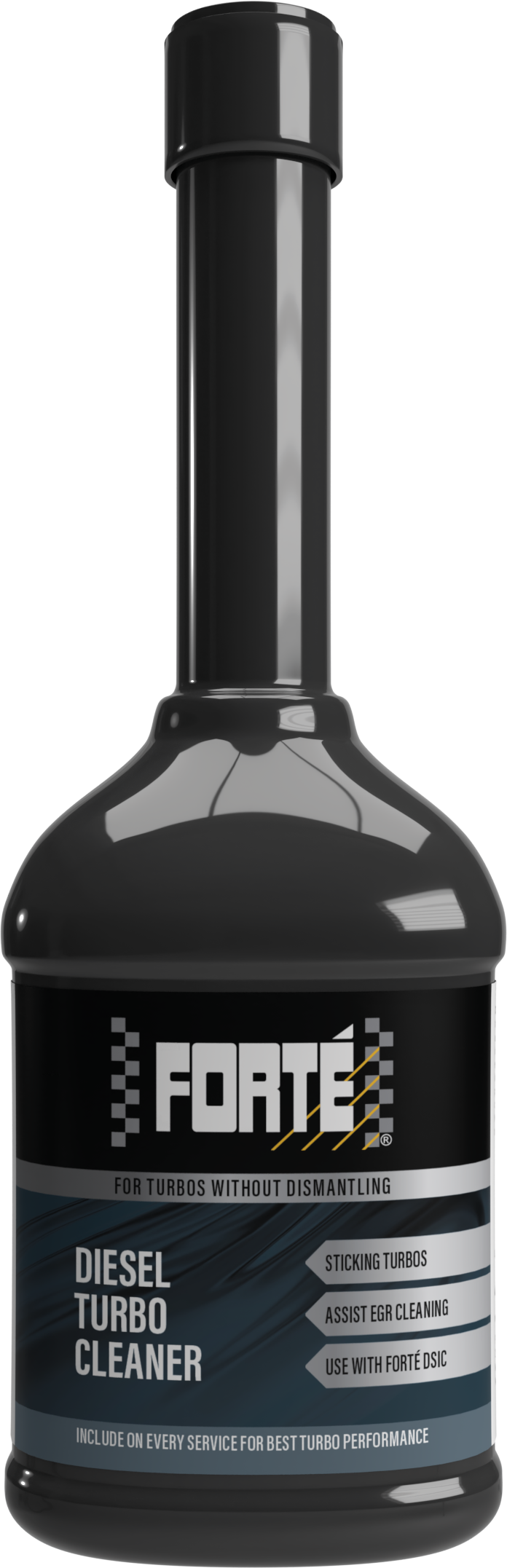 Image of Forte Diesel Turbo Cleaner, a black bottle with a dark blue label and black lid. The label features the product name and description. The product is specifically formulated for vehicles fitted with Variable Geometry Turbos to clean the variable vanes that become stuck due to particles from incomplete combustion. This results in reduced vehicle power and efficiency and an engine management fault.