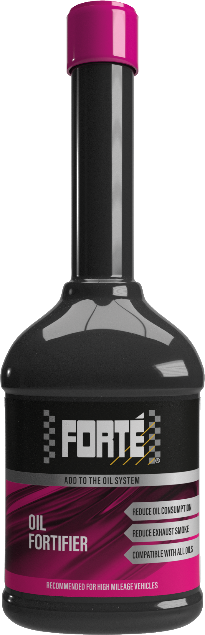 Black bottle with red label and red cap containing Forte Oil Fortifier, a powerful engine oil treatment that cleans and protects the engine, reduces friction and wear, and improves fuel efficiency