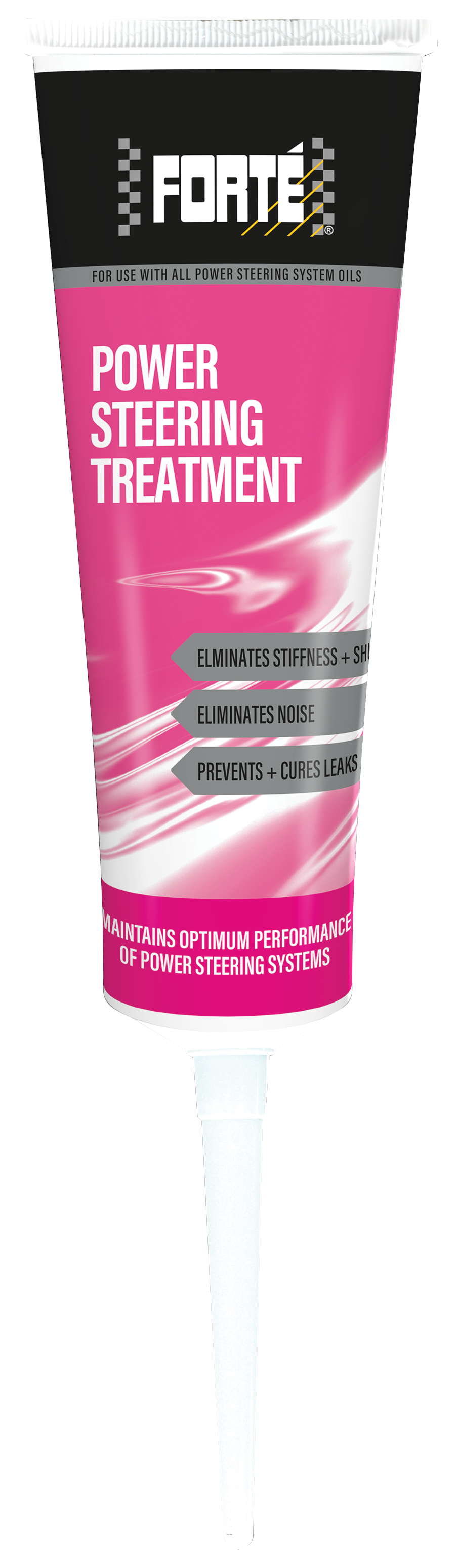 An image of Forté Power Steering Treatment, a white bottle with a pink label and white writing, and a white lid. The treatment is formulated to enhance the performance of fluids used in power assisted steering systems. It eliminates stiffness, shudder, and noise, prevents oil leaks, and provides smoother operation. It also maintains the performance of the power assisted steering pump and load-bearing components by stabilizing the fluid