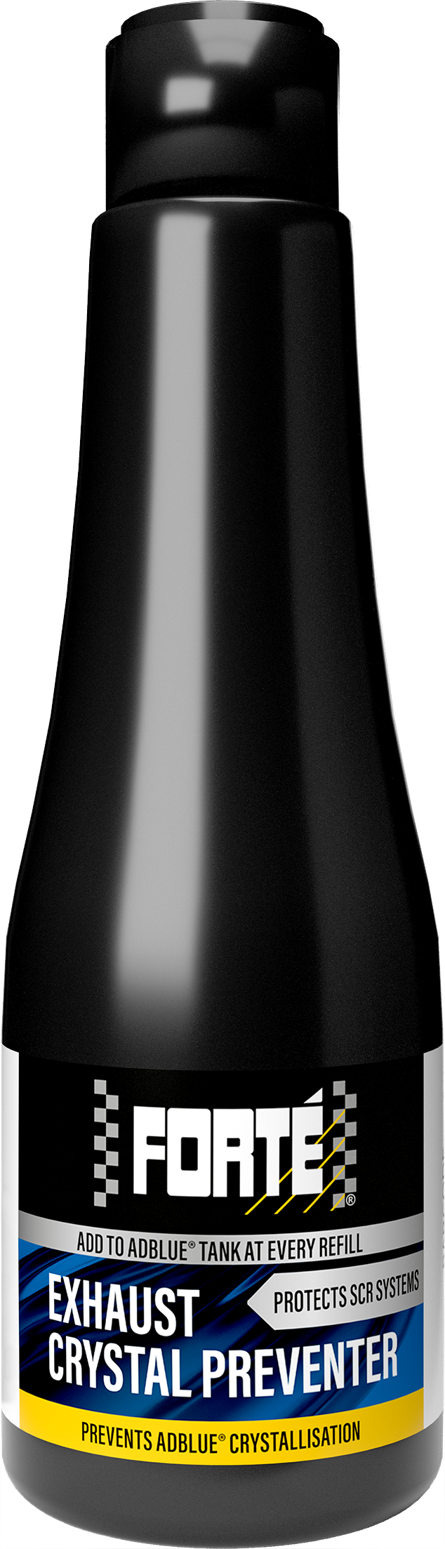 Forté Exhaust Crystal Preventer is an automotive product designed to prevent blockages and damage to the Selective Catalytic Reduction (SCR) system and its components caused by crystal formation. The product comes in a black bottle with a blue, white, and yellow label and a black lid. Crystals can form in the Diesel Exhaust Fluid (AdBlue) tank, level sensor, fluid pump, AdBlue injector, mixer, and the SCR catalyst. The formation of crystals occurs when the exhaust gas temperatures are low, resulting from incomplete combustion and driving styles. Forté Exhaust Crystal Preventer is specifically formulated to prevent these blockages and damage, ensuring optimal engine performance and a longer lifespan for the vehicle