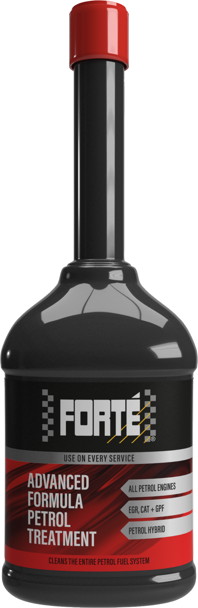 A black bottle with a red label and a red lid contains Forté Advanced Formula Petrol Treatment, which is a product designed to address drivability issues resulting from fuel contamination and degradation. The treatment cleans and lubricates the entire fuel system, including pre and post-combustion components, while being completely safe for catalytic converters and oxygen sensors. It is also compatible with High-Pressure Direct Injection petrol engines