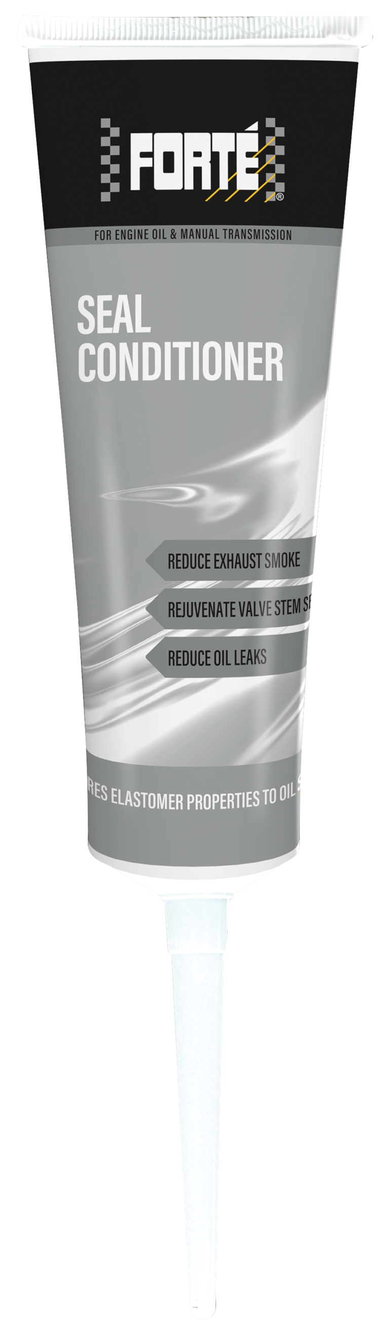 An image of a white and grey bottle with black writing labelled as Forte Seal Conditioner, a premium solution to fix oil leaks and smoke caused by bad valve seals