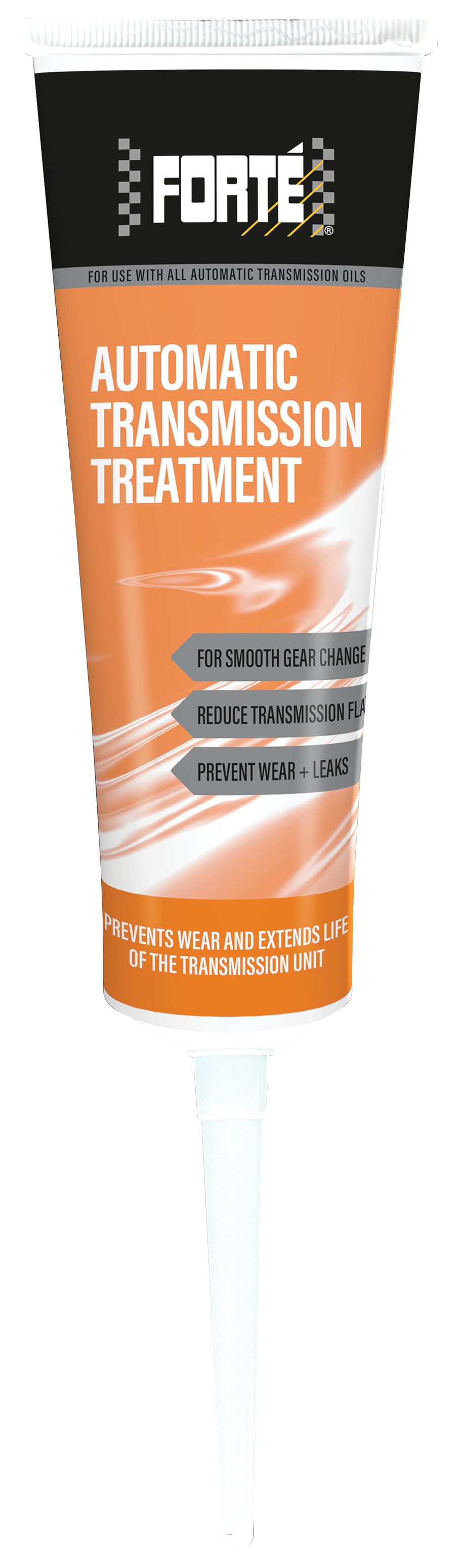 The image shows a white bottle with an orange label and a white top, labeled as Forté Automatic Transmission Treatment. The treatment is compatible with and enhances the performance of all automatic transmission gearboxes, including Continuously Variable Transmissions. It is also recommended for hydraulic systems using LHM fluid, such as Citroën, and can be used to treat manual gearboxes filled with crankcase oil to overcome "notchy" gear change