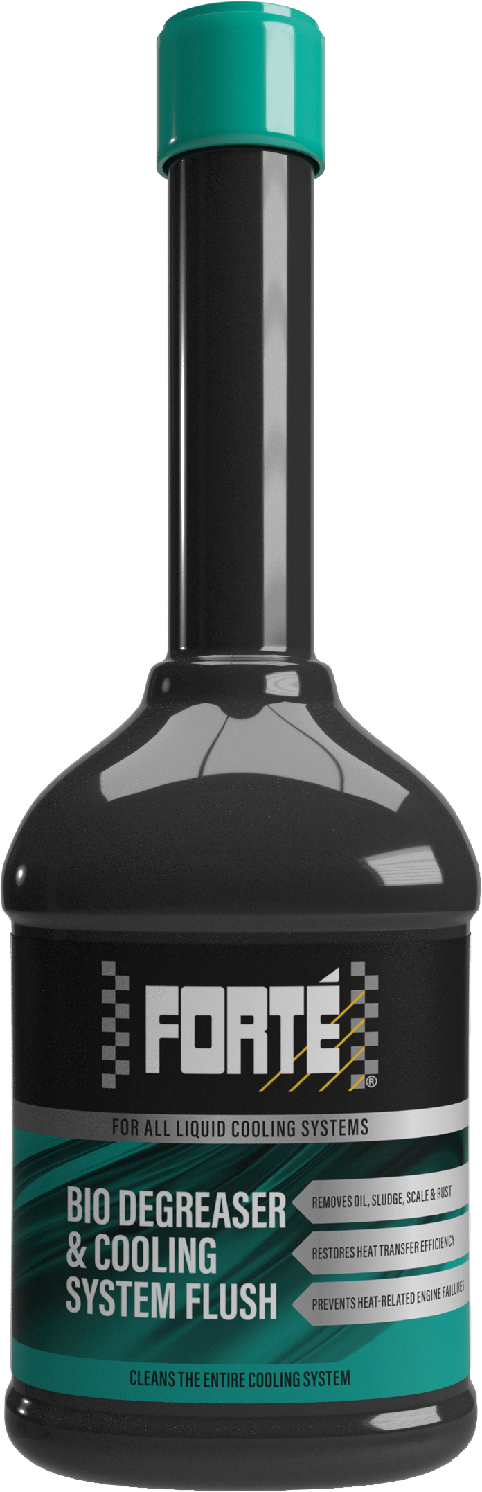 The image shows a black bottle with a green label and a green lid of Forté Bio Degreaser & Cooling System Flush. The product is designed to clean automotive cooling systems by removing oil, sludge, scale and rust deposits from the internal surfaces. It contains a blend of inorganic acids and inhibitors and a heavy-duty cleaner/degreaser free of petroleum or chlorinated solvents. The product restores heat transfer efficiency and reduces heat-related problems and engine failure