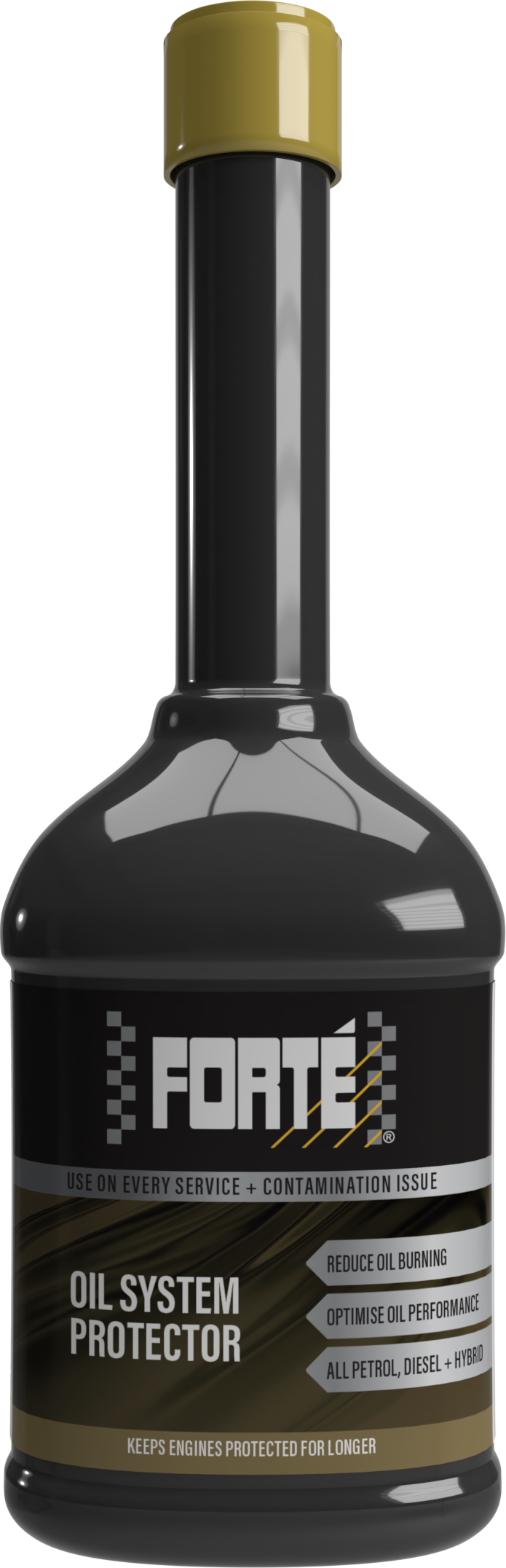 A black bottle with a gold label and gold lid, Forté Oil System Protector is a product designed to prevent contamination build-up and crankcase acids within the engine oil system. It is specially formulated to protect engines with extended oil drain periods and stop/start driving conditions, maintaining the engine oil's ability to protect and reducing wear and increasing engine efficiency