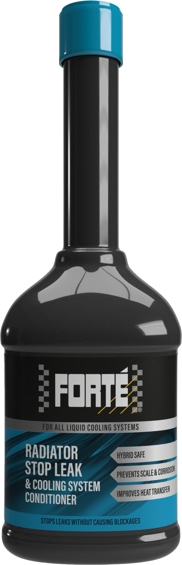An image of a black bottle with a blue-green label and a blue-green lid. The label reads "Forté Radiator Stop Leak & Cooling System Conditioner." The product is a blend of natural fibers and surface active agents that plug hairline cracks and pinholes in the radiators and cooling systems of motor vehicles. The product is compatible with all Mono Ethylene Glycol-based and OAT coolants and will not cause any blockage of the radiator cores or heater matrix. It is recommended to carry this product in recovery vehicles as an essential emergency repair item