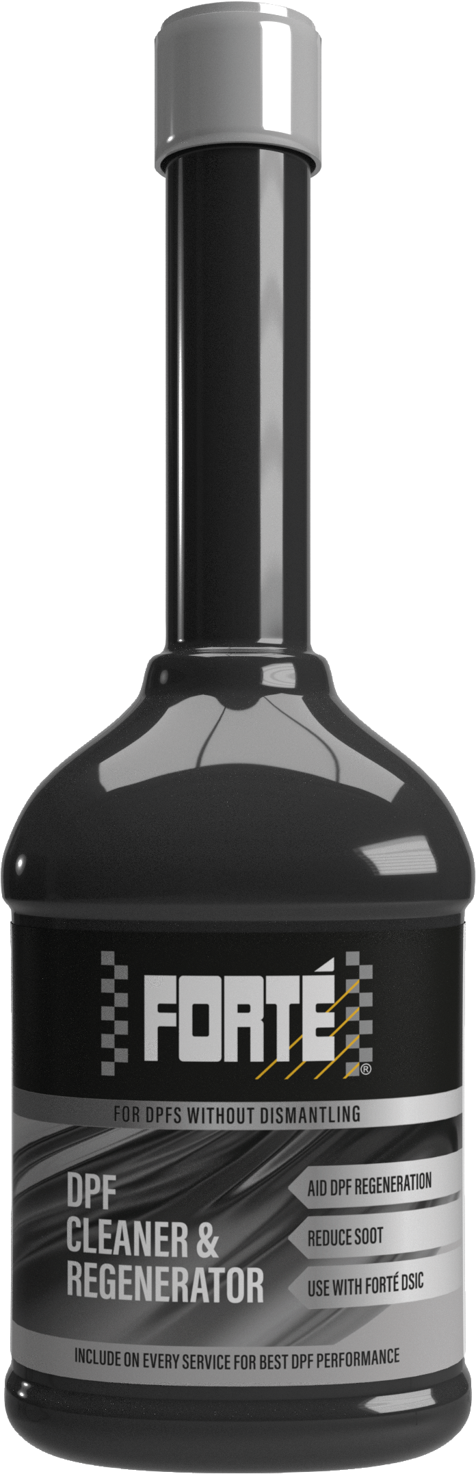The image depicts a black bottle with a silver label and silver lid, containing Forté Diesel Particulate Filter Cleaner and Regenerator. The product is designed to address the negative impacts of start/stop driving conditions on Diesel Particulate Filter (DPF) regeneration, which can cause soot loading buildup in the filter. Forté DPF Cleaner and Regenerator uses a catalyst to lower the temperature at which the soot particles can be burnt off during combustion, enabling regeneration even in cases of low exhaust temperatures such as in city traffic and short drives. The product is recommended for use at regular service intervals in conjunction with Forté Advanced Formula Diesel Treatment, and when symptoms indicate treatment is necessary