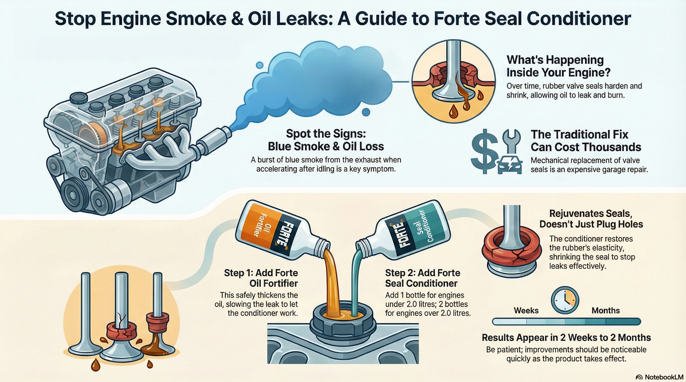 The valve seal problem cause and solution — showing the smoking engine problem, the cause (hardened valve stem seals allowing oil to leak into the combustion chamber), the Forte Seal Conditioner solution and the expected timeframe for improvement