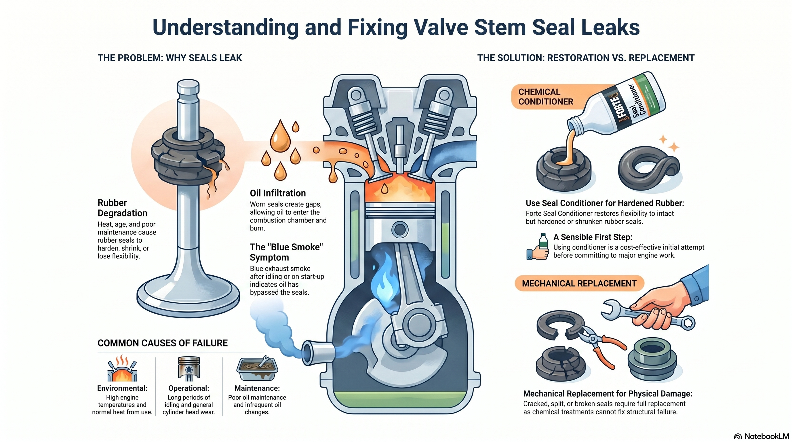 Damaged valve seals and how they allow oil to leak — showing the cross section of a worn hardened valve stem seal and how the gap between the seal and valve stem allows oil to bypass into the combustion chamber