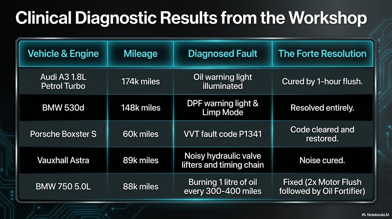 Clinical diagnostic results from the workshop — table showing Audi A3 174k miles oil warning light cured by 1 hour flush, BMW 530d 148k miles DPF warning and limp mode resolved, Porsche Boxster S 60k miles VVT fault code P1341 cleared, Vauxhall Astra 89k miles noisy hydraulic valve lifters cured, BMW 750 5.0L 88k miles burning 1 litre oil every 300-400 miles fixed with 2x Engine Flush followed by Oil Fortifier