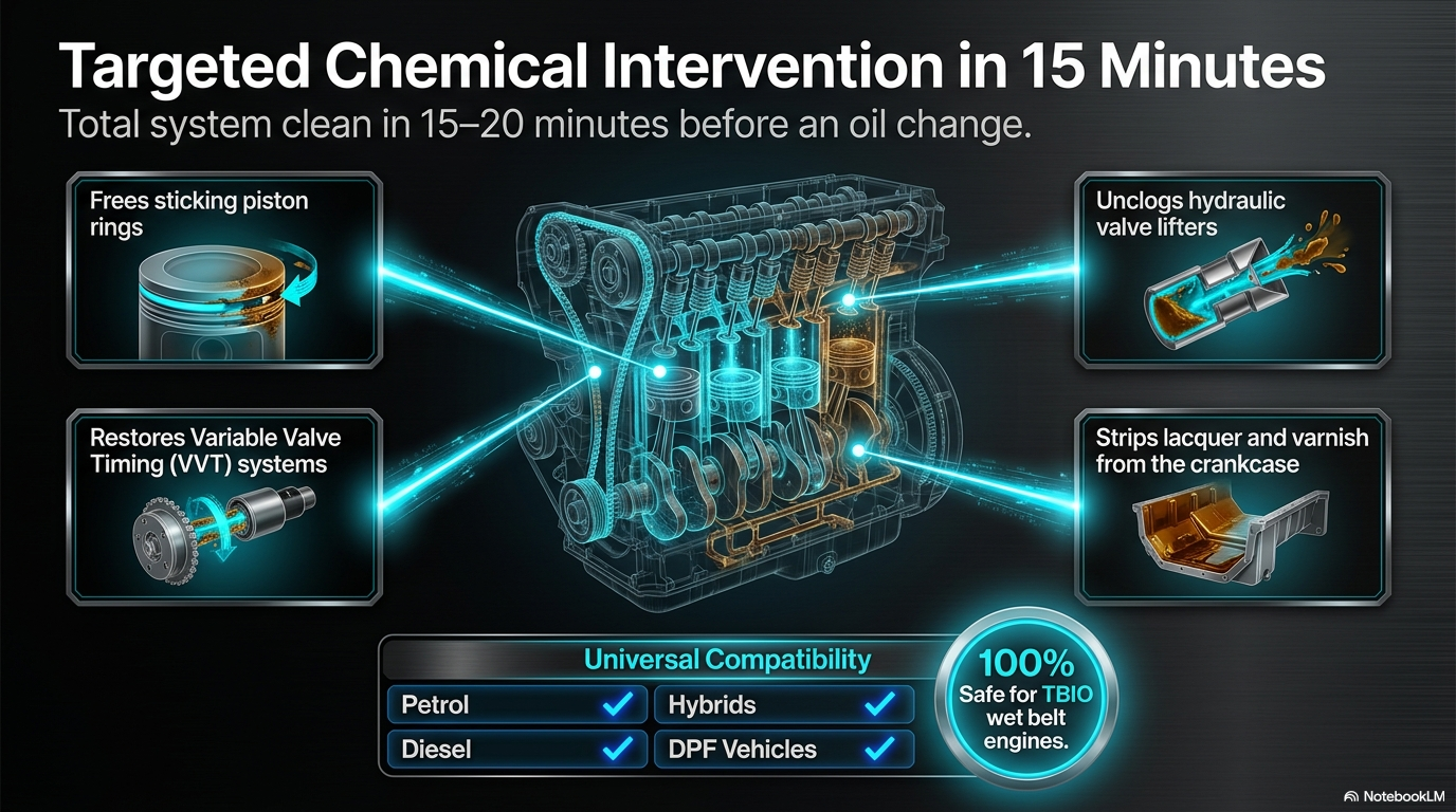 Forte Engine Flush — targeted chemical intervention in 15 minutes, showing engine diagram with frees sticking piston rings, unclogs hydraulic valve lifters, restores VVT systems and strips lacquer from crankcase. Universal compatibility with petrol, diesel, hybrids, DPF vehicles; for wet-belt TBIO engines use New Generation Engine Flush.