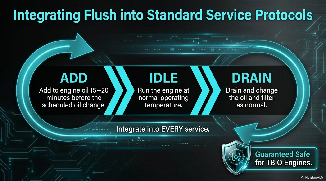 Integrating Forte Engine Flush into standard service protocols — Add to engine oil 15-20 minutes before scheduled oil change, Idle at normal operating temperature, Drain and change oil and filter as normal. Integrate into every service. For conventional petrol and diesel engines.