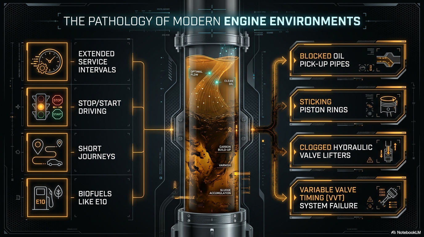 The pathology of modern engine environments — showing how extended service intervals, stop/start driving, short journeys and E10 biofuels cause blocked oil pick-up pipes, sticking piston rings, clogged hydraulic valve lifters and VVT system failure