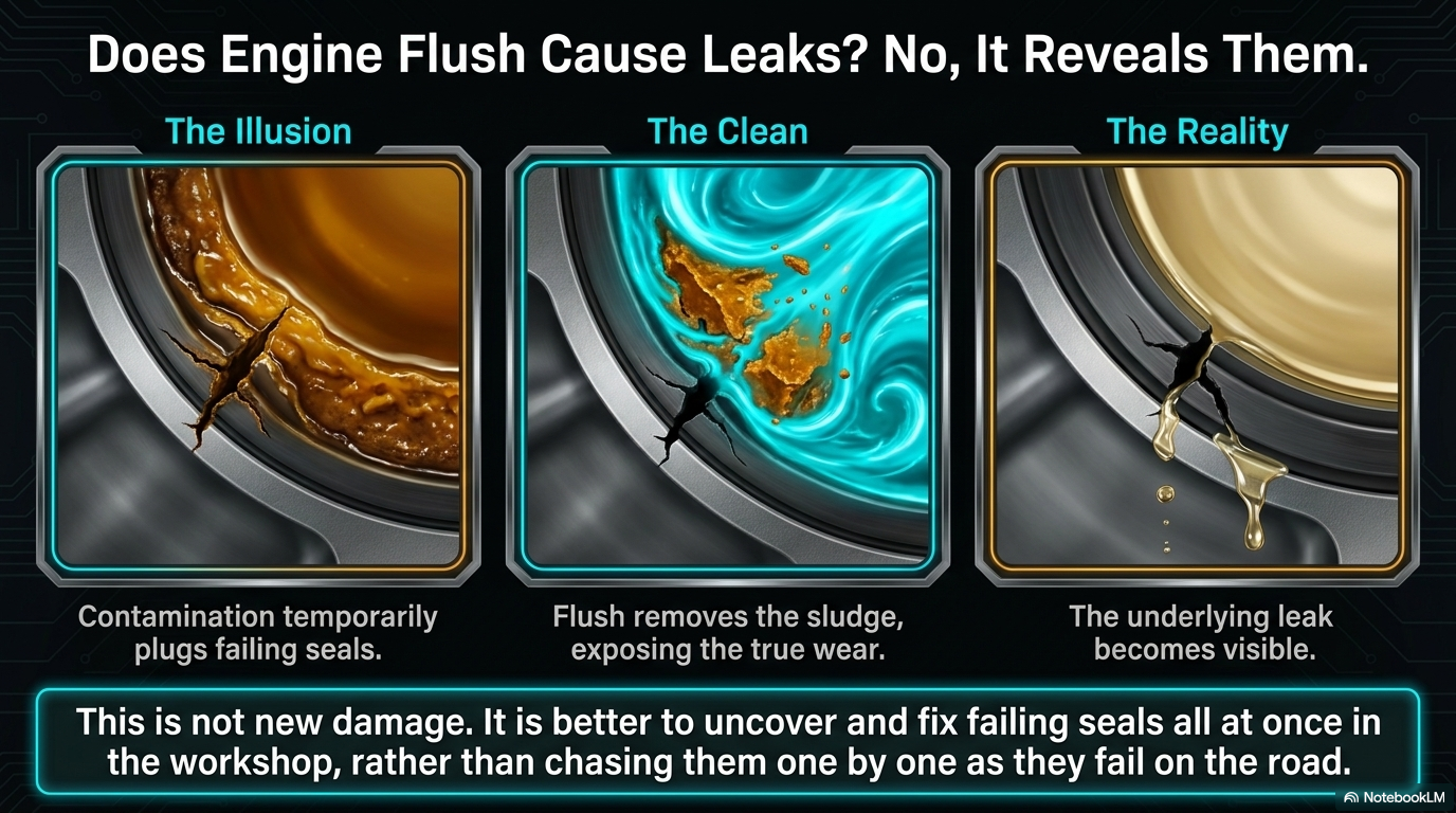 Does engine flush cause leaks? No, it reveals them — diagram showing the illusion where contamination temporarily plugs failing seals, the clean where flush removes the sludge exposing true wear, and the reality where the underlying leak becomes visible. This is not new damage — it is better to uncover and fix failing seals all at once in the workshop rather than chasing them one by one as they fail on the road.