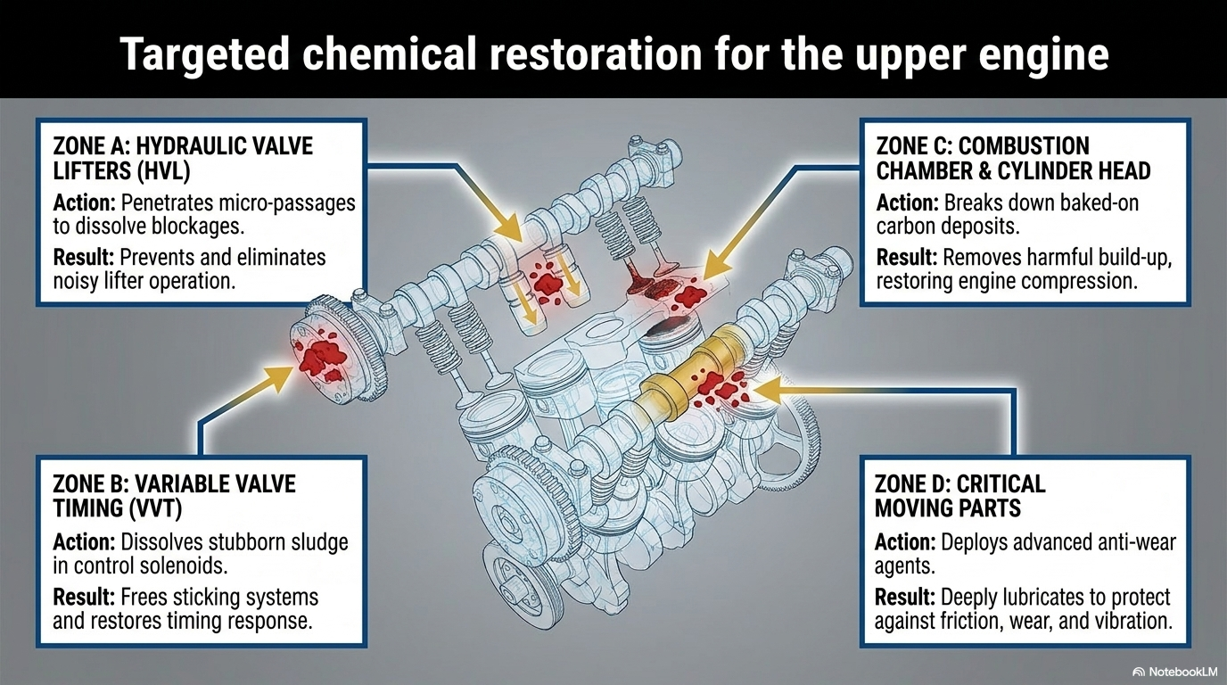 Targeted chemical restoration for the upper engine — Zone A hydraulic valve lifters penetrates micro-passages to dissolve blockages. Zone B variable valve timing dissolves sludge in control solenoids. Zone C combustion chamber breaks down carbon deposits. Zone D critical moving parts deploys anti-wear agents.