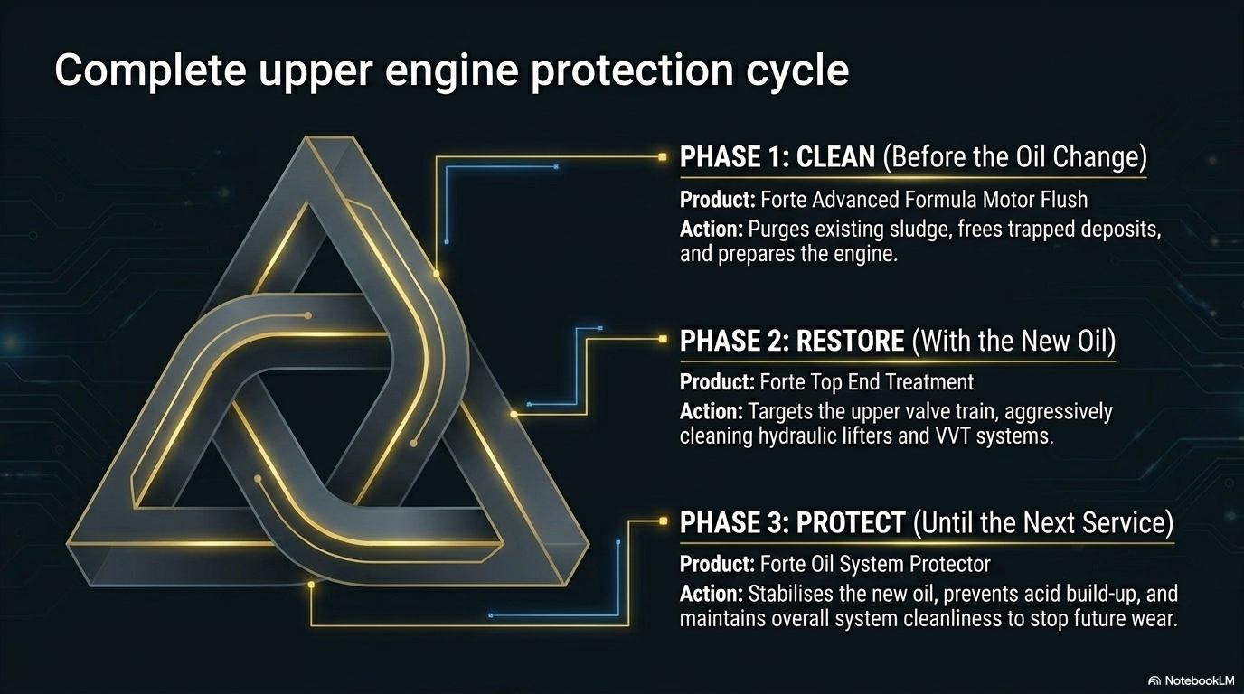 Complete upper engine protection cycle. Phase 1 Clean: Forte Engine Flush purges sludge. Phase 2 Restore: Forte Top End Treatment cleans hydraulic lifters and VVT. Phase 3 Protect: Forte Oil System Protector stabilises new oil until next service.