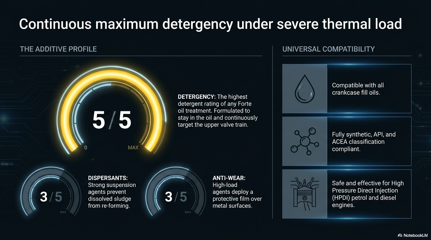 Forte Top End Treatment additive profile — detergency 5/5 highest of any Forte oil treatment. Dispersants 3/5. Anti-wear 3/5. Compatible with all crankcase fill oils, fully synthetic API and ACEA compliant, HPDI petrol and diesel engines.