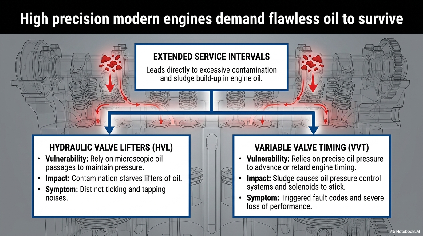 High precision modern engines demand flawless oil to survive — diagram showing how extended service intervals lead to contamination in hydraulic valve lifters causing ticking noise, and VVT solenoids triggering fault codes and loss of performance