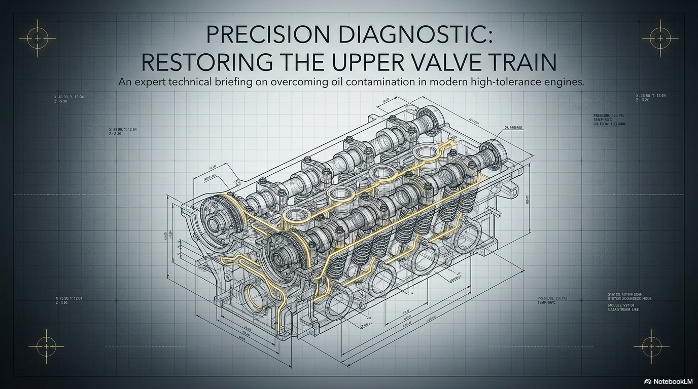 Precision diagnostic restoring the upper valve train — technical blueprint showing engine cylinder head with oil flow pathways highlighted through hydraulic valve lifters and variable valve timing components