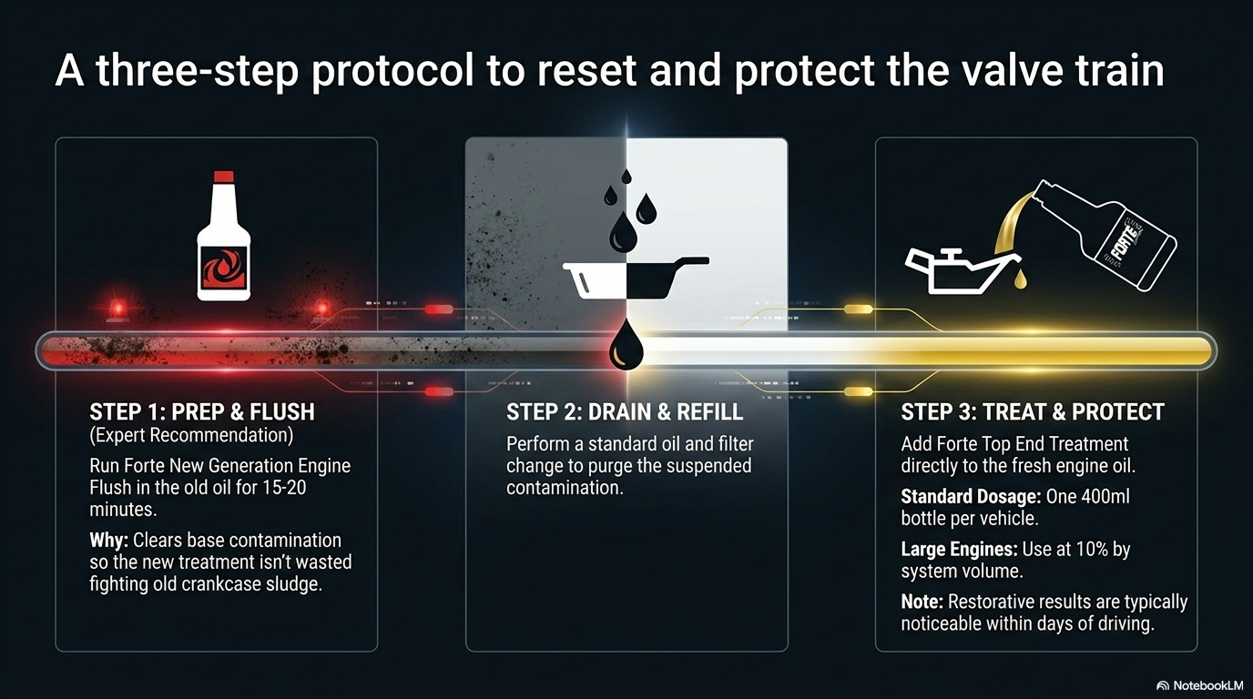 A three-step protocol to reset and protect the valve train. Step 1 run Forte Engine Flush in old oil 15-20 minutes. Step 2 drain and refill with fresh oil. Step 3 add Forte Top End Treatment to fresh oil — one 400ml bottle, results within days.