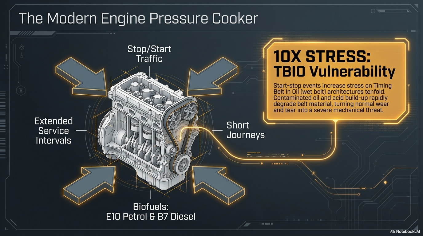 The modern engine pressure cooker — showing how extended service intervals, stop/start driving, short journeys and biofuels like E10 and B7 all accelerate oil contamination and acid build-up in fresh engine oil