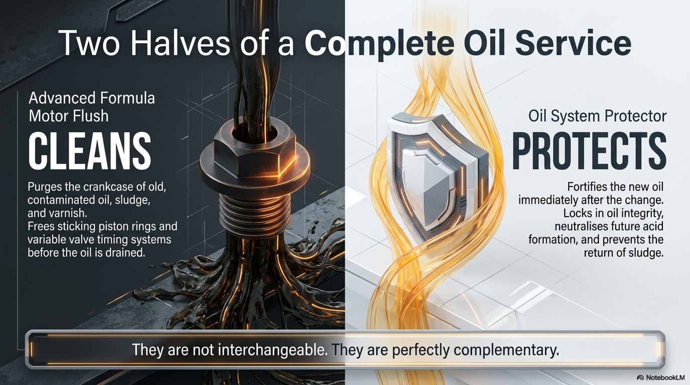 Two halves of a complete service — showing how Forte Engine Flush cleans old contaminated oil before draining and Forte Oil System Protector protects new clean oil after the oil change. Together they provide complete oil system protection.