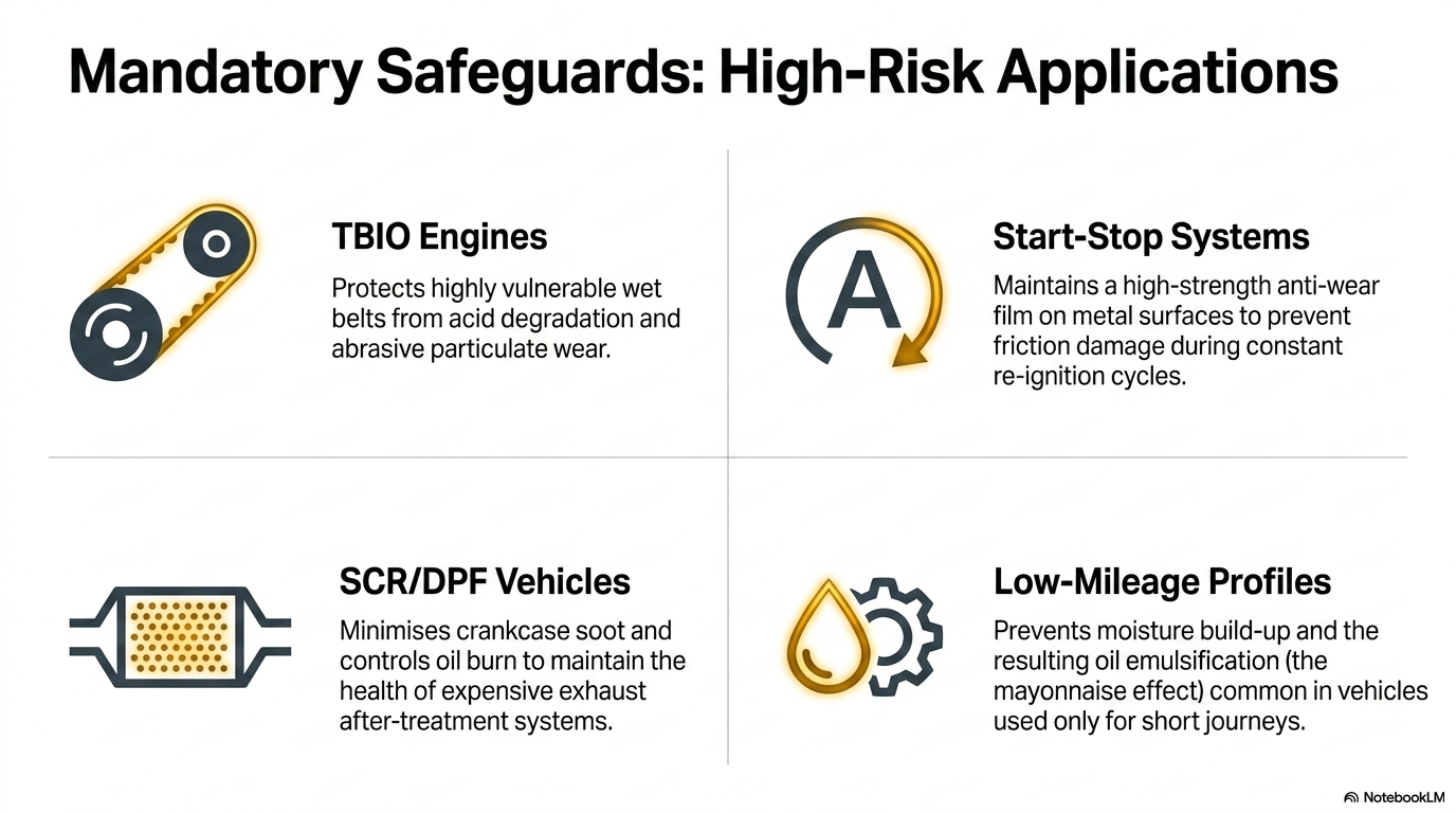 Mandatory safeguards — showing when Forte Oil System Protector is most important including TBIO wet belt engines where start-stop events increase stress tenfold, stop/start systems, SCR and DPF vehicles and low mileage vehicles where oil emulsification occurs