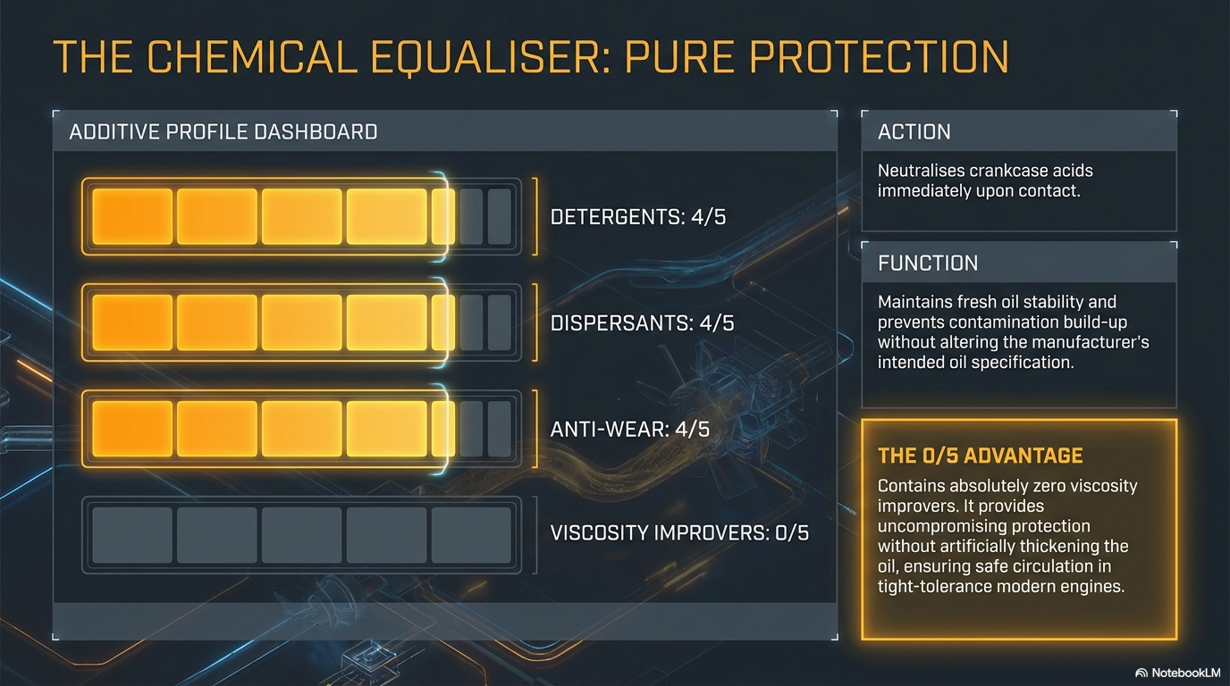 Chemical equalizer pure protection — Forte Oil System Protector additive profile showing balanced detergents 4/5, dispersants 4/5, anti-wear agents 4/5 and viscosity improvers 0/5 — a perfectly balanced protection package for fresh engine oil
