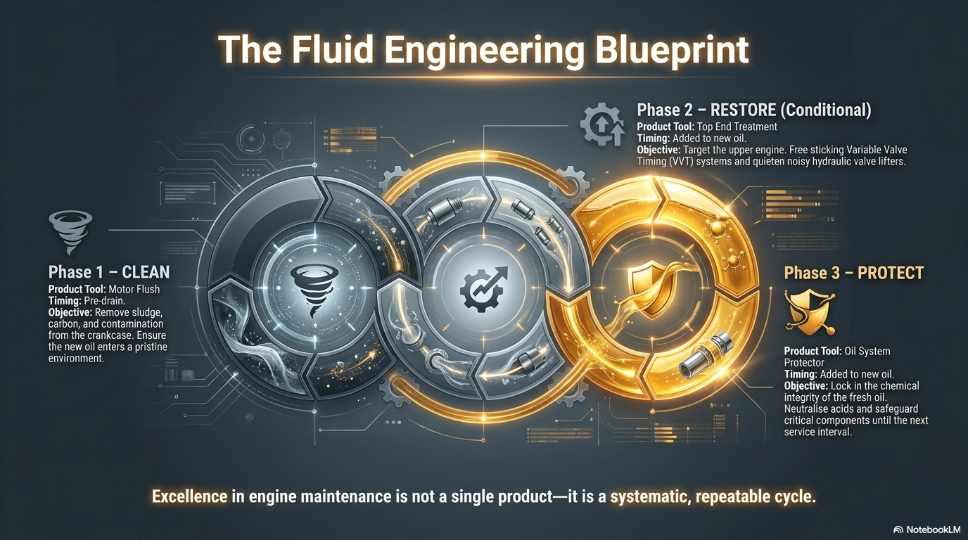 The fluid engineering blueprint — Forte Oil System Protector technical diagram showing how the balanced additive package works within the engine oil system to maintain stability neutralise acids and prevent contamination build-up throughout the service interval