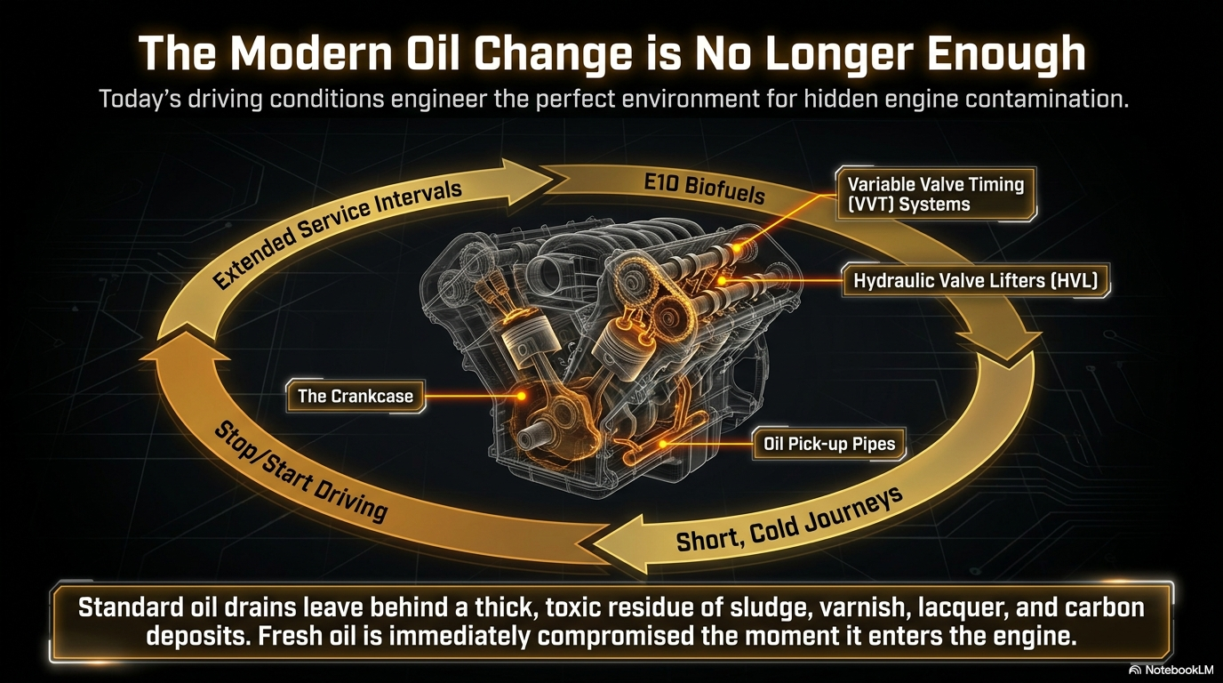 The modern oil change is no longer enough — showing how extended service intervals, stop/start driving, short journeys and biofuels leave sludge varnish and carbon deposits that a standard oil drain cannot remove