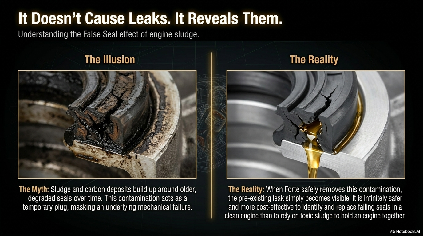 Engine flush does not cause leaks it reveals them — showing the illusion where contamination temporarily plugs failing seals, the clean where flush removes the sludge, and the reality where the underlying leak becomes visible. This is not new damage.