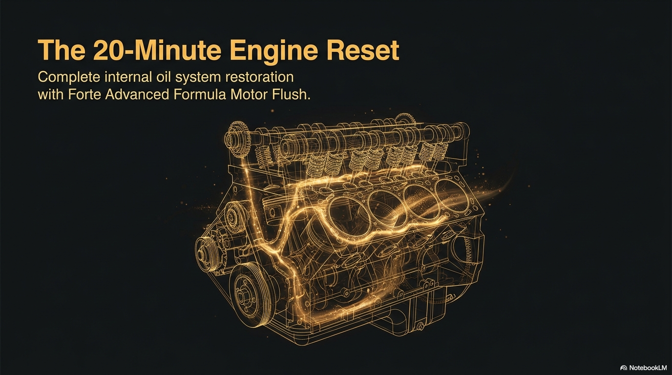 The 20 minute engine reset — showing how Forte New Generation Engine Flush cleans the entire oil system freeing sticking piston rings, unclogging hydraulic valve lifters, restoring VVT systems and stripping lacquer from the crankcase in 15-20 minutes before an oil change