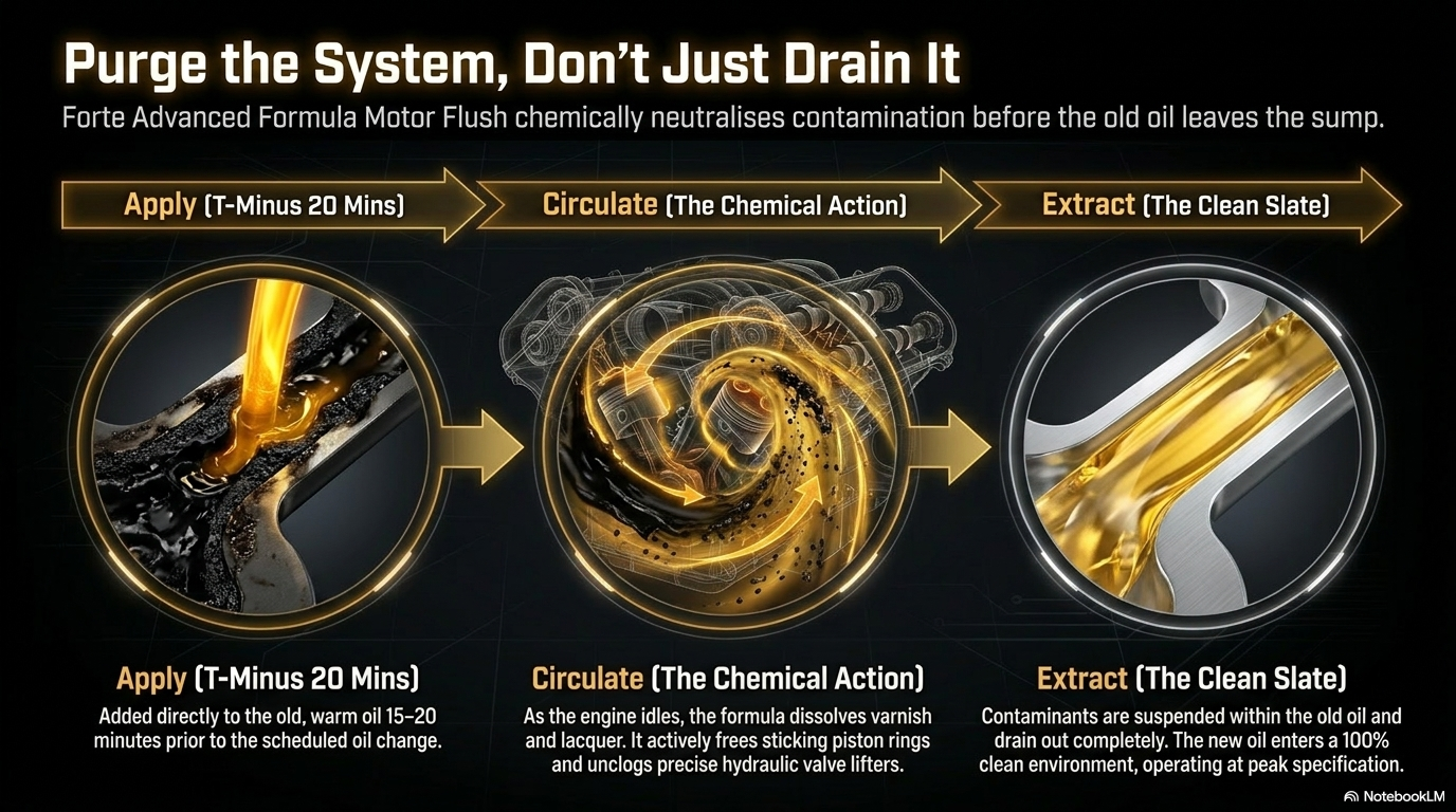Purge the system don't just drain it — showing the difference between a standard oil drain which only removes liquid oil and Forte New Generation Engine Flush which removes the solid sludge varnish and deposits that remain after draining