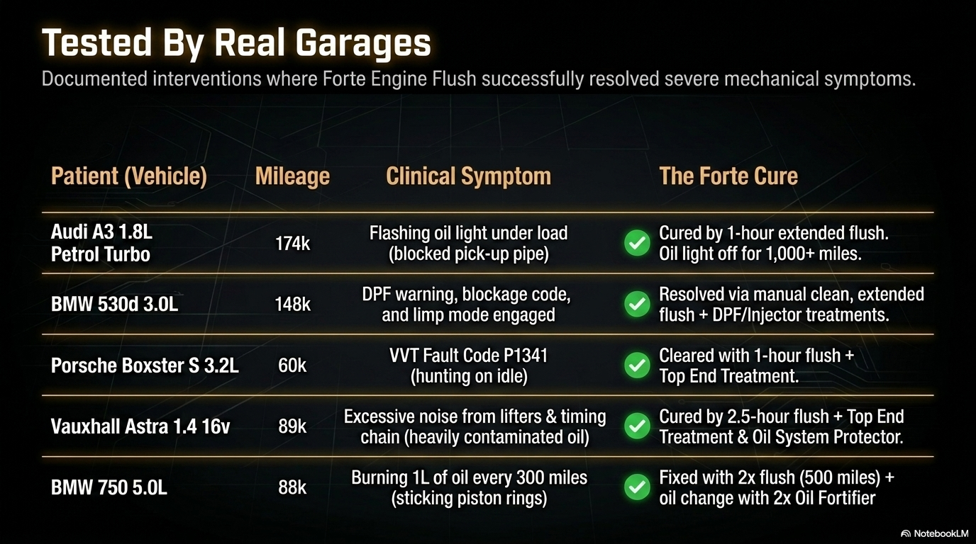 Tested by real garages — clinical diagnostic results showing Audi A3 174k miles oil warning light cured by 1 hour flush, BMW 530d 148k miles DPF warning and limp mode resolved, Porsche Boxster S 60k miles VVT fault code P1341 cleared, Vauxhall Astra 89k miles noisy hydraulic valve lifters cured, BMW 750 5.0L 88k miles burning 1 litre oil every 300-400 miles fixed with Engine Flush followed by Oil Fortifier